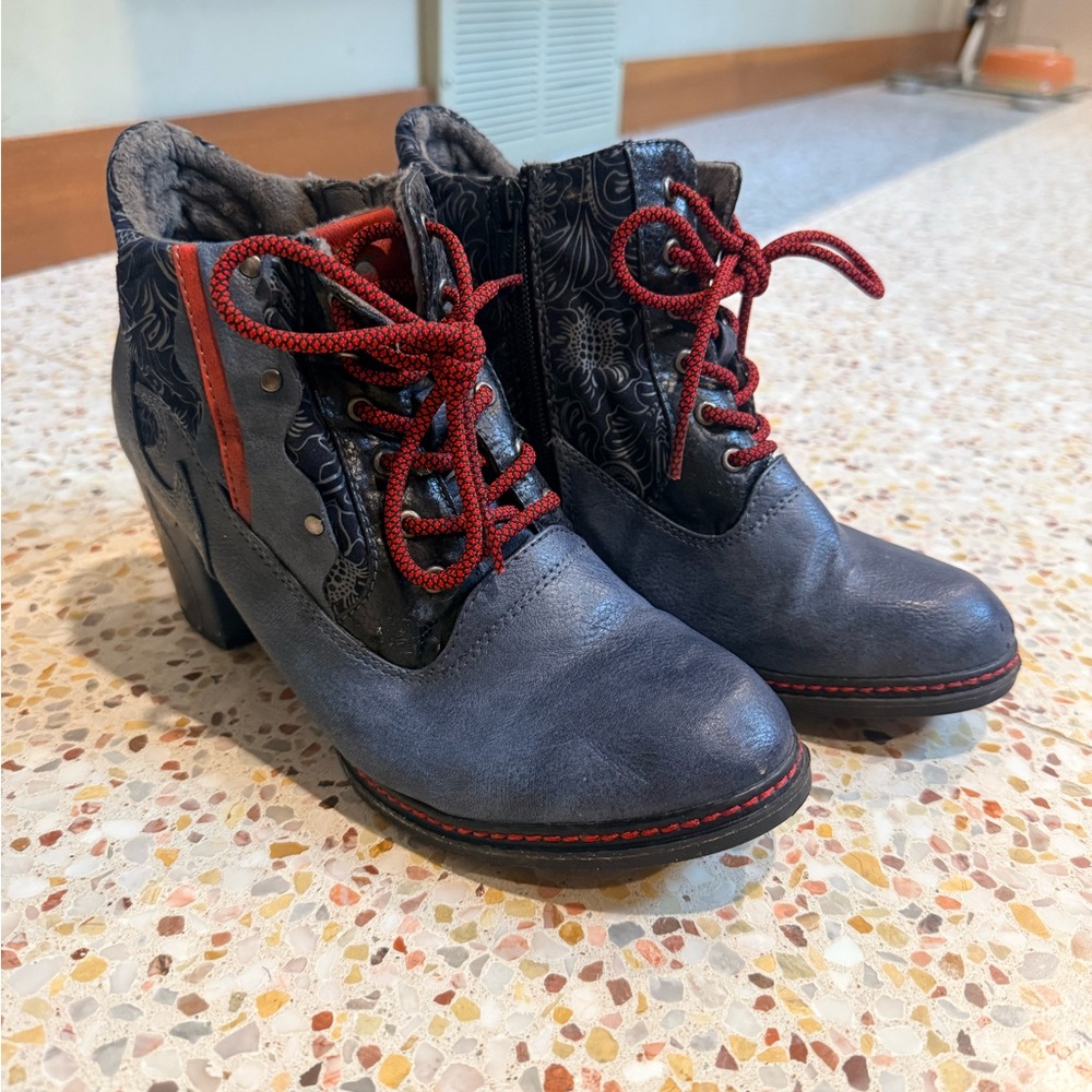 Women’s Navy Ankle Booties with Red Lace Detail